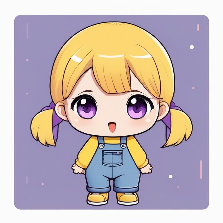 卡哇伊Q版女孩全身像–纯色紫色背景–张嘴惊讶