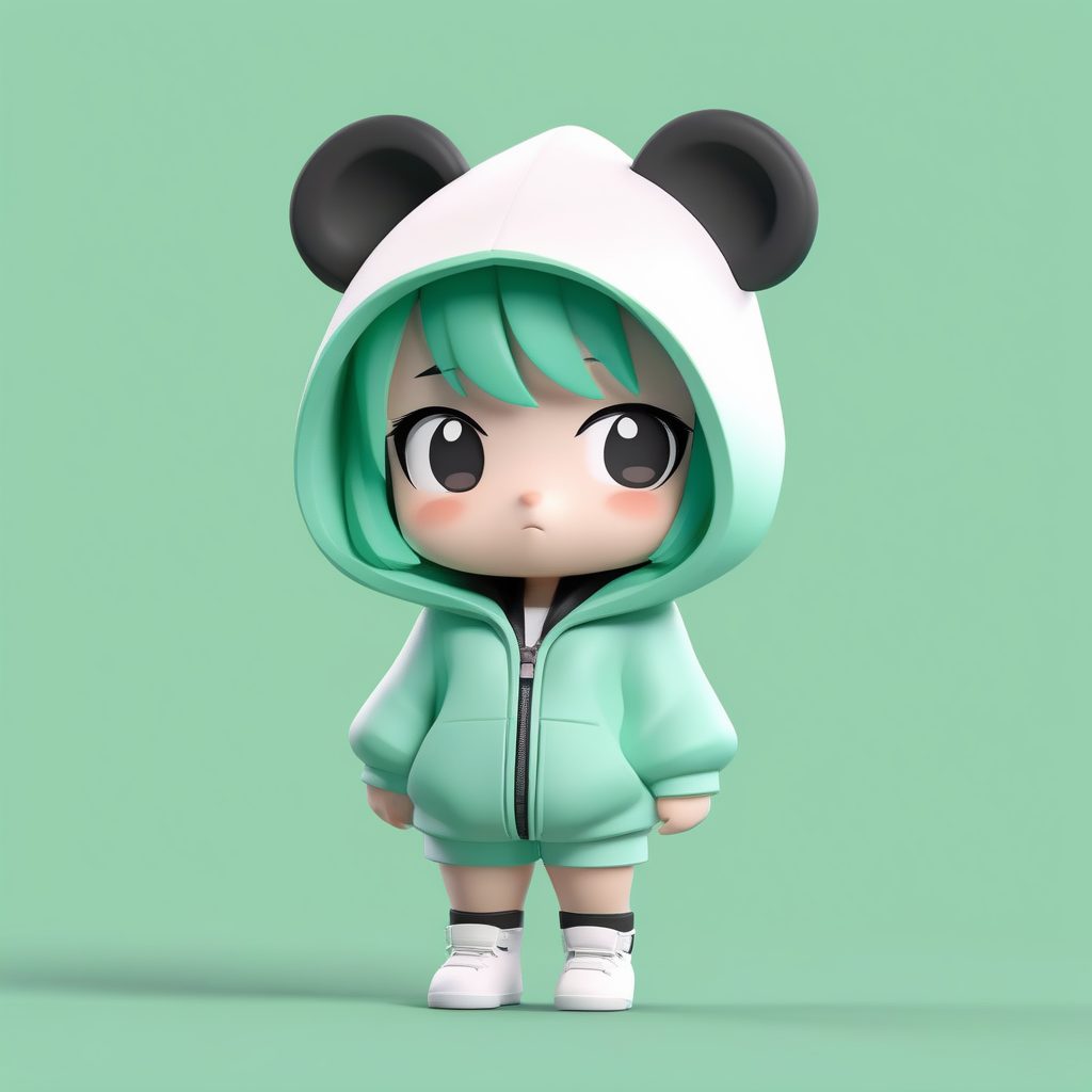 卡哇伊Q版熊猫帽衫女孩：羞涩站姿盲盒手办，薄荷绿纯色背景
