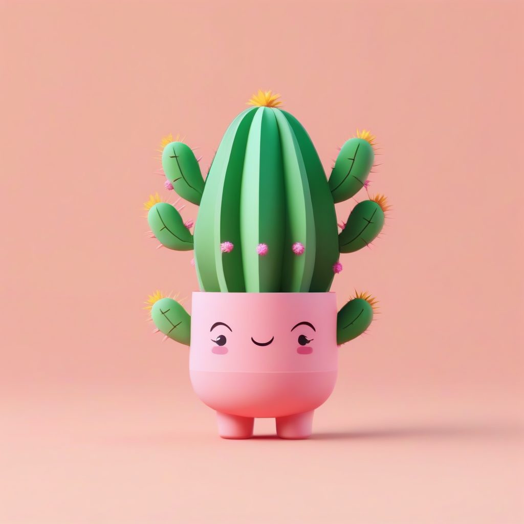 开花仙人掌Q版手办：全身站立的俏皮植物，纯赤陶色背景