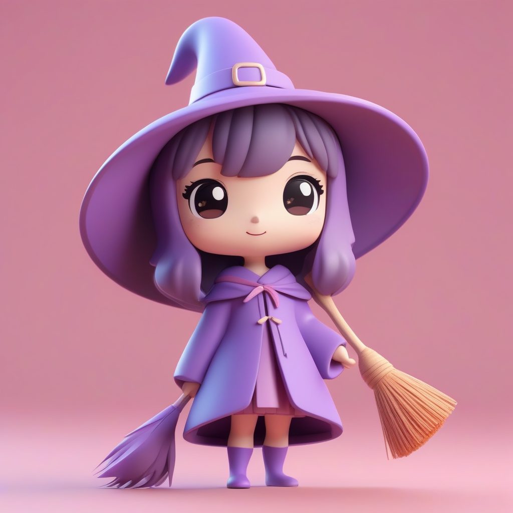 可爱3D粘土风Q版小女巫全身图：盲盒系列AI绘画提示词