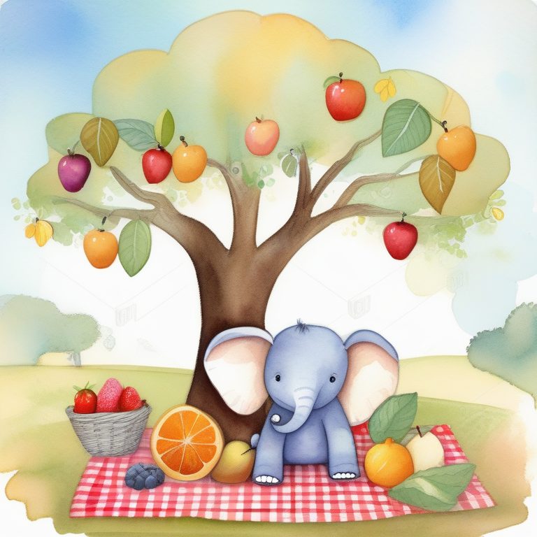 可爱动物故事书风格的大象野餐