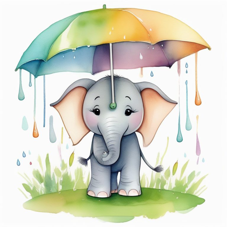可爱儿童绘本风格的小象和雨伞