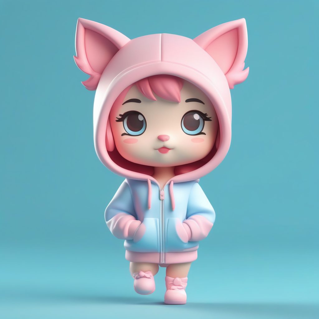 可爱粉色猫咪主题Q版女孩3D粘土手办渲染