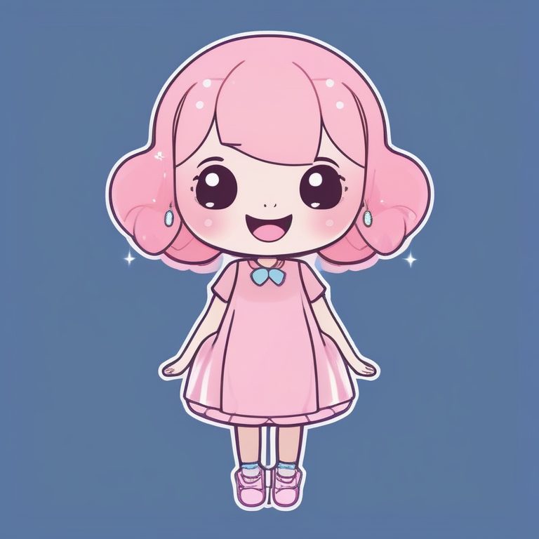 可爱风格Q版女孩:粉色连衣裙少女在蓝色纯色背景下微笑