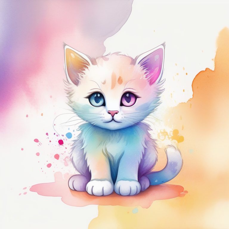 可爱极简风格小猫在彩虹水彩洒落背景