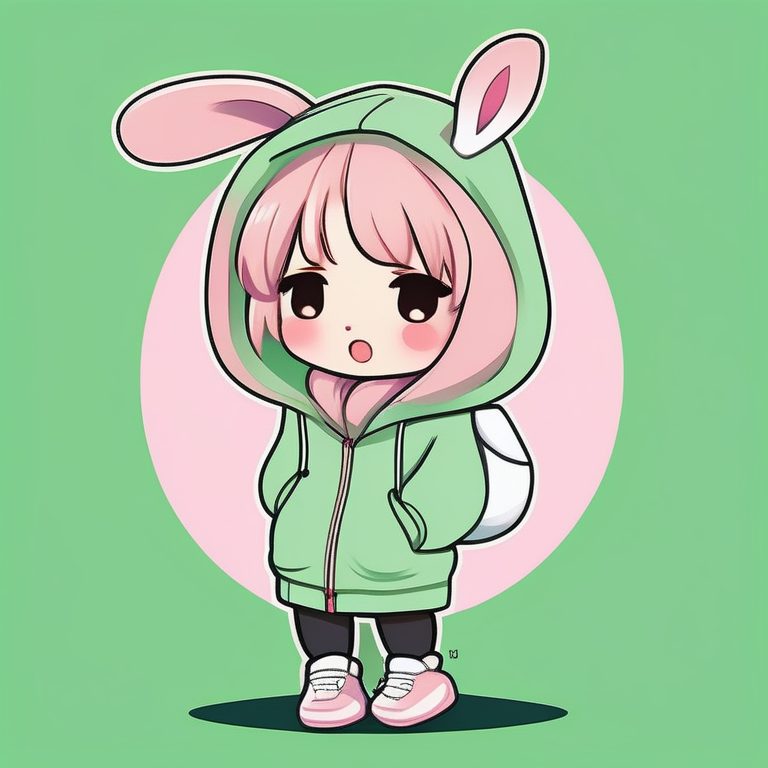 可爱极简Q版女孩:兔耳装少女在绿色纯色背景眨眼卖萌