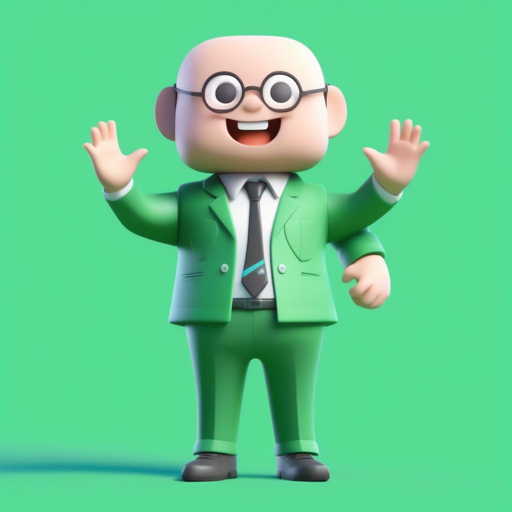 可爱盲盒系列：Q版班主任双臂挥舞，高光反射薄荷绿背景