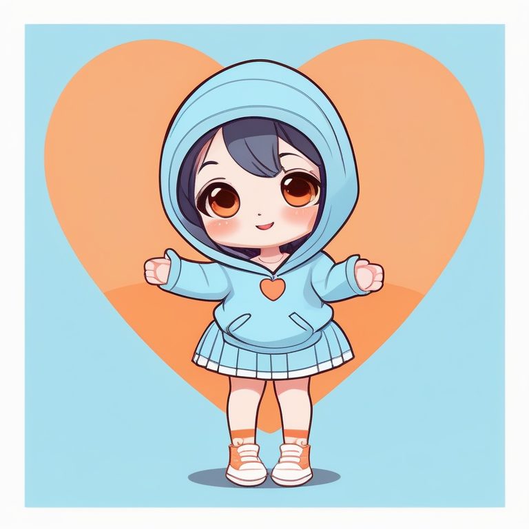 可爱萌系Q版少女–橙色背景–比心手势