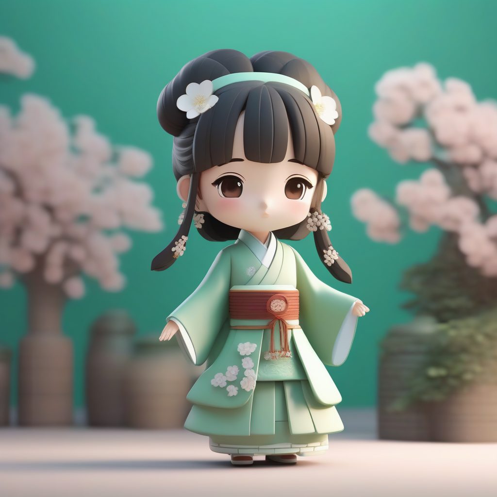 可爱粘土风：宋制汉服少女3D全身渲染及纯色背景AI提示词