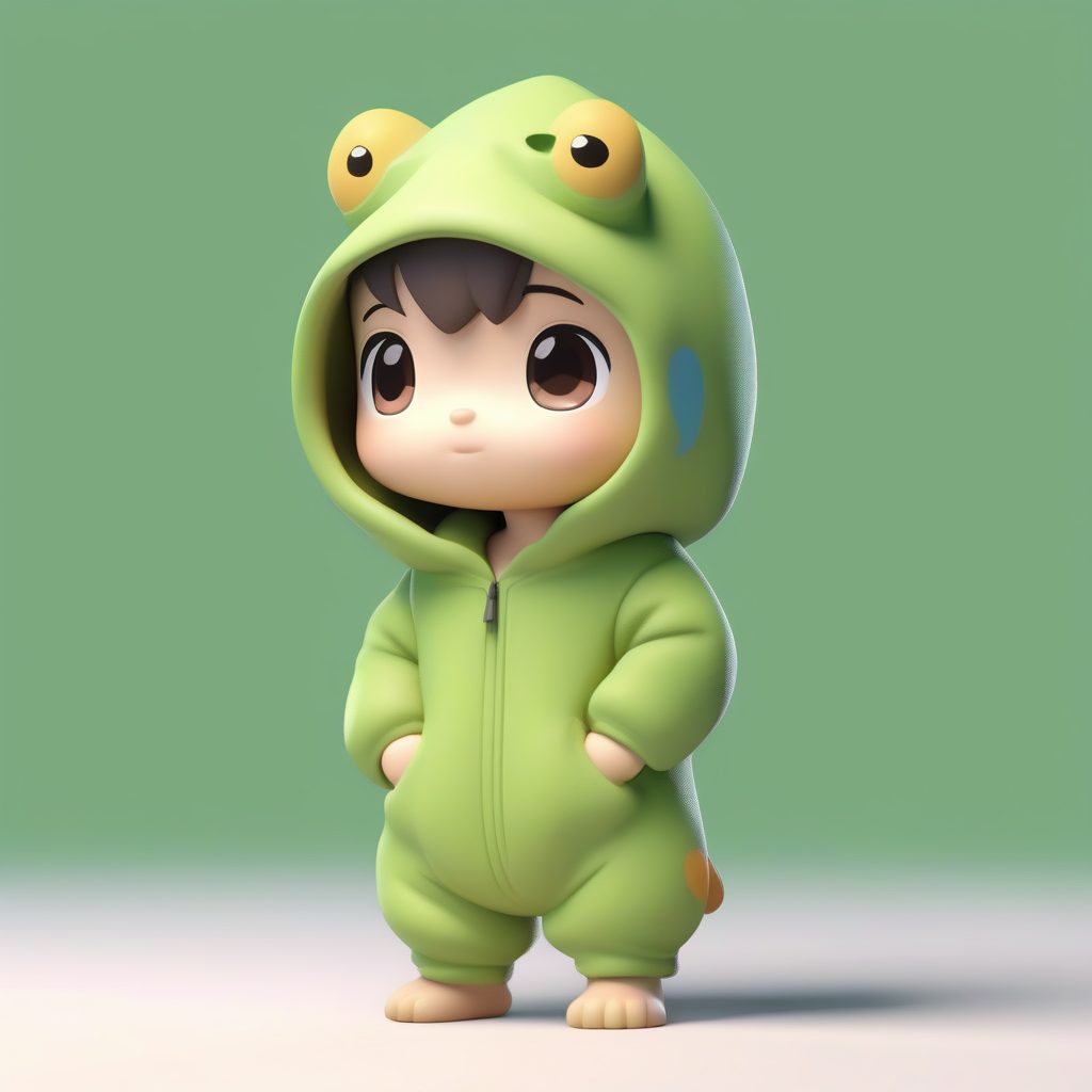 可爱Q版恐龙睡衣男孩：害羞拥抱玩偶的3D盲盒全身照，淡黄背景