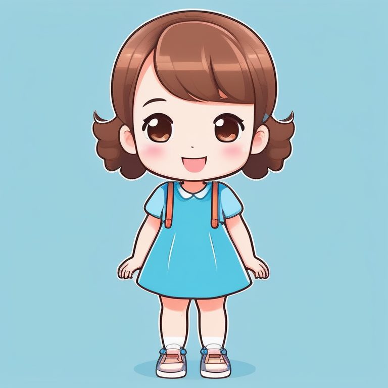 可爱Q版女孩全身照:蓝色连衣裙与微笑动作