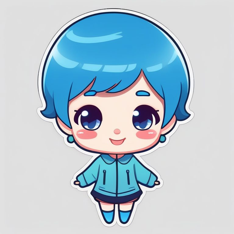 可爱Q版少女-蓝色短发-极简纯色背景