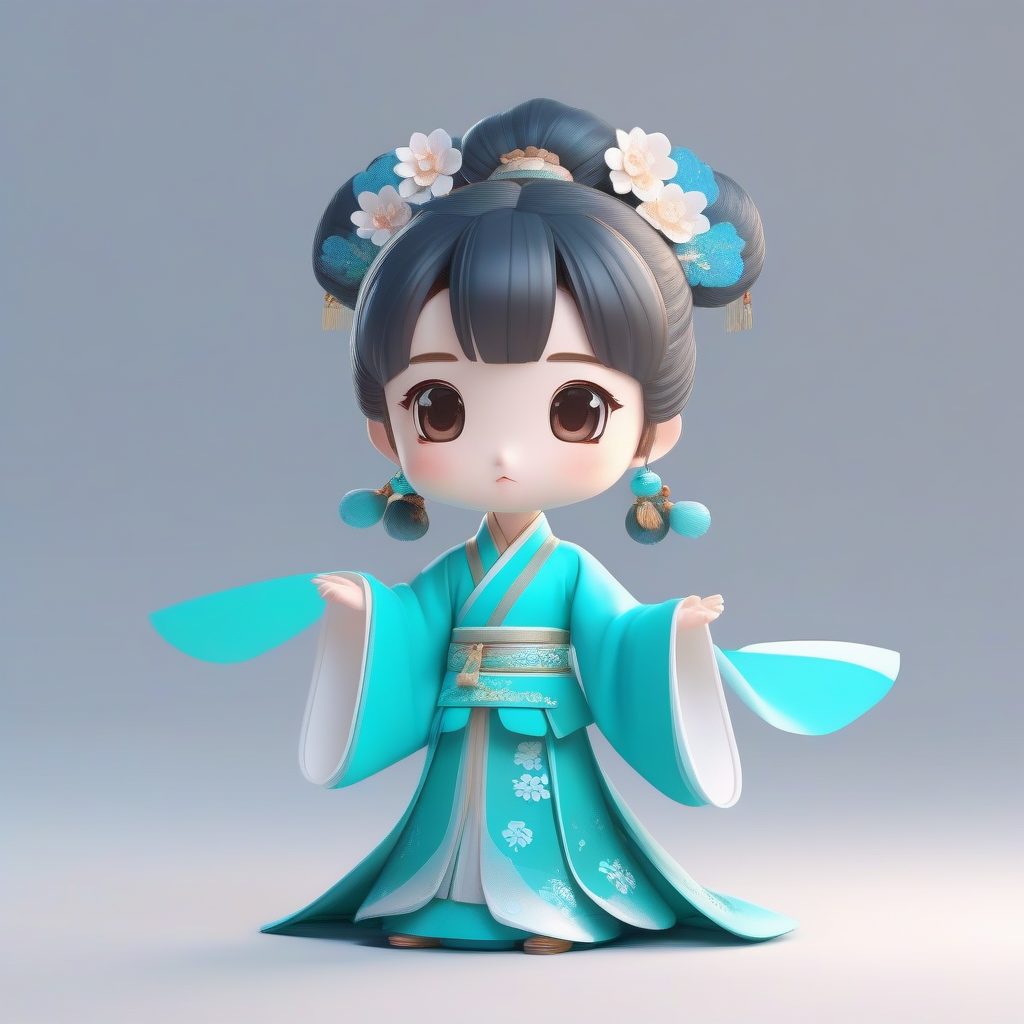 可爱Q版唐制齐胸襦裙女孩：青色飘逸动态姿势，8K高清渲染提示词