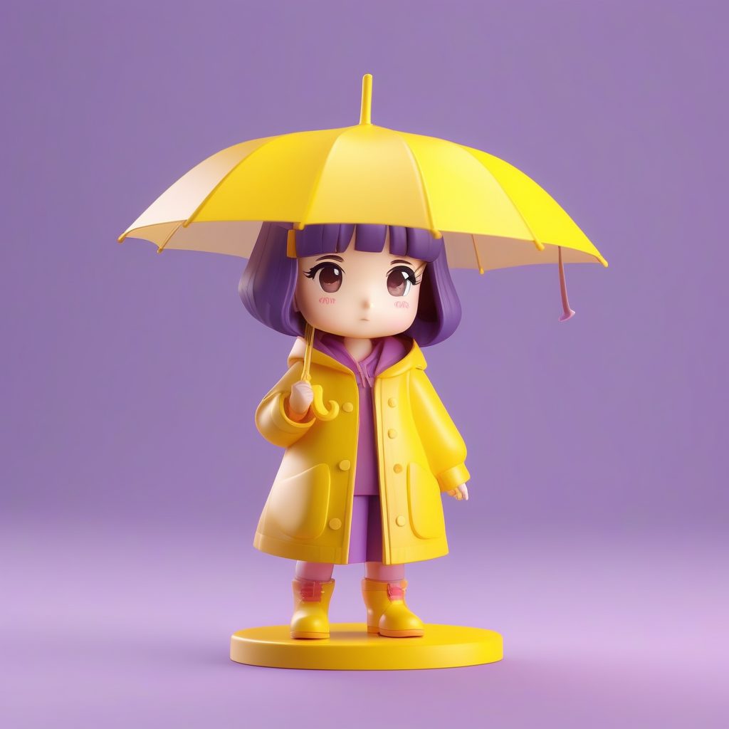 可爱Q版雨天少女黄色雨衣3D粘土手办