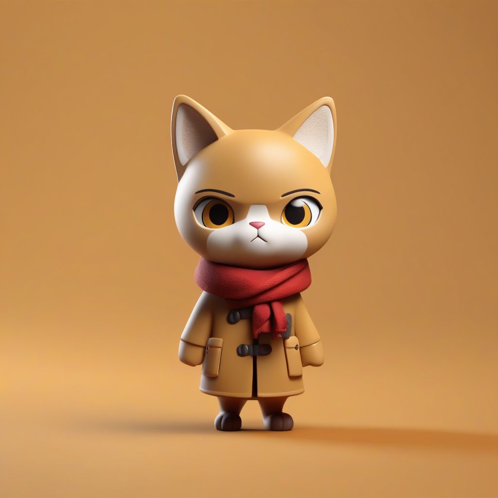 可爱探险家Q版猫咪手办：全身站姿高精度渲染，纯芥末黄背景
