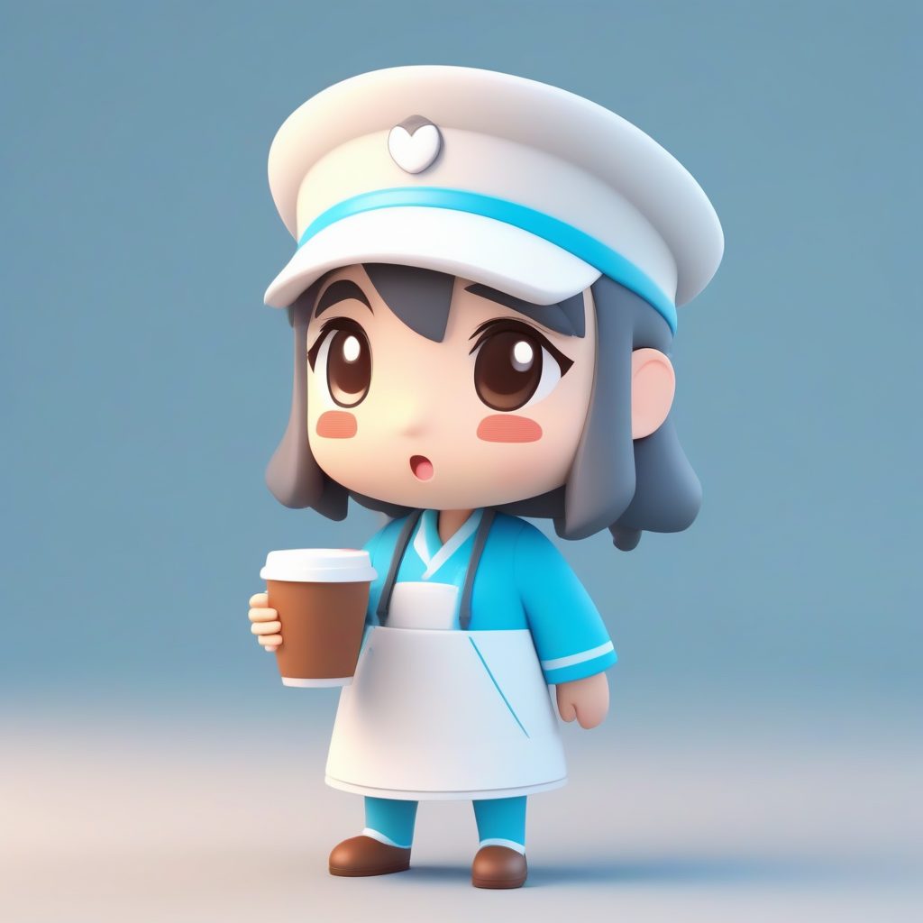 可爱慵懒风：Q版护士手捧咖啡杯3D站立手办渲染