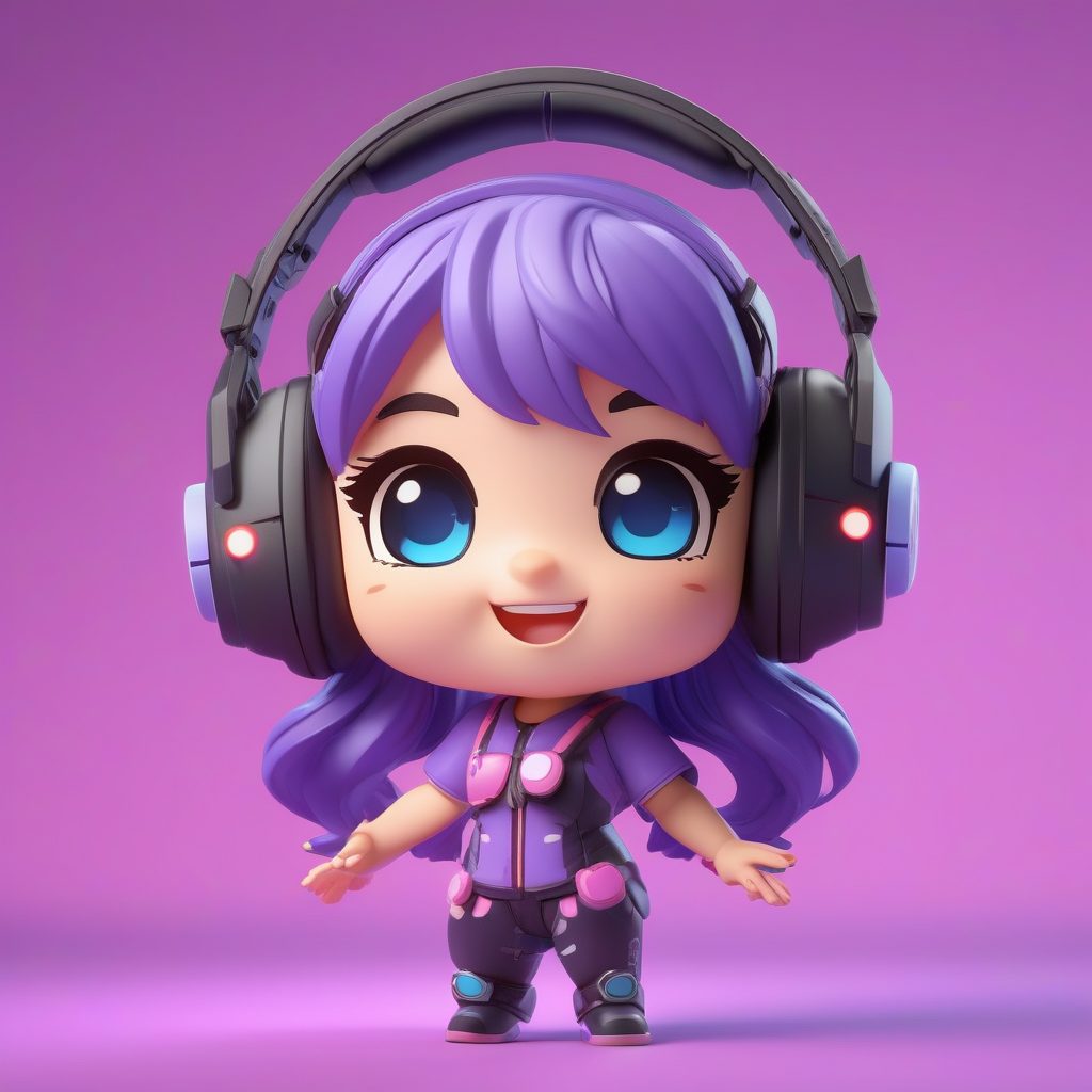 科技感3D Q版电竞少女手办：戴耳机的游戏玩家