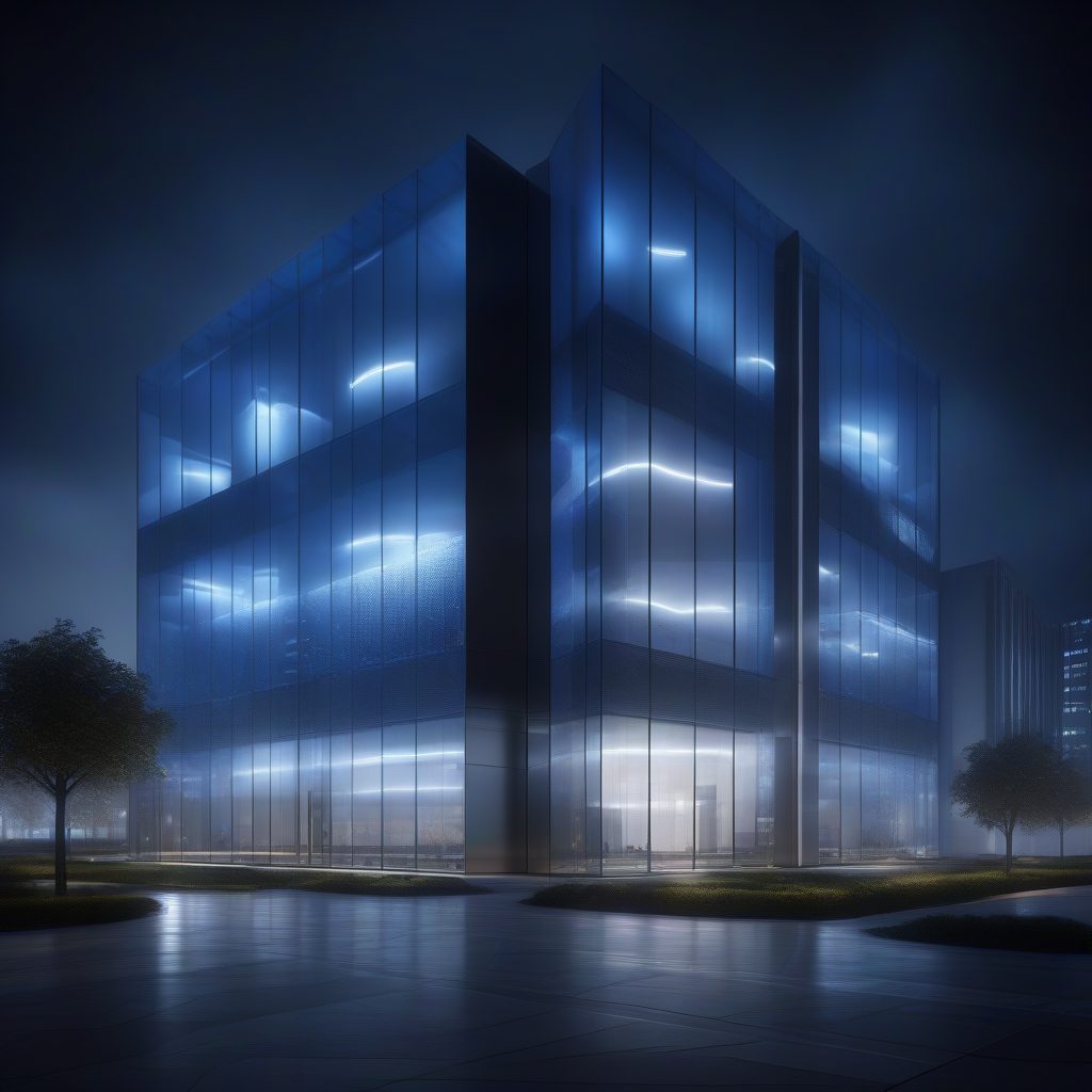科技总部：夜晚高反射玻璃幕墙的体积光效果渲染
