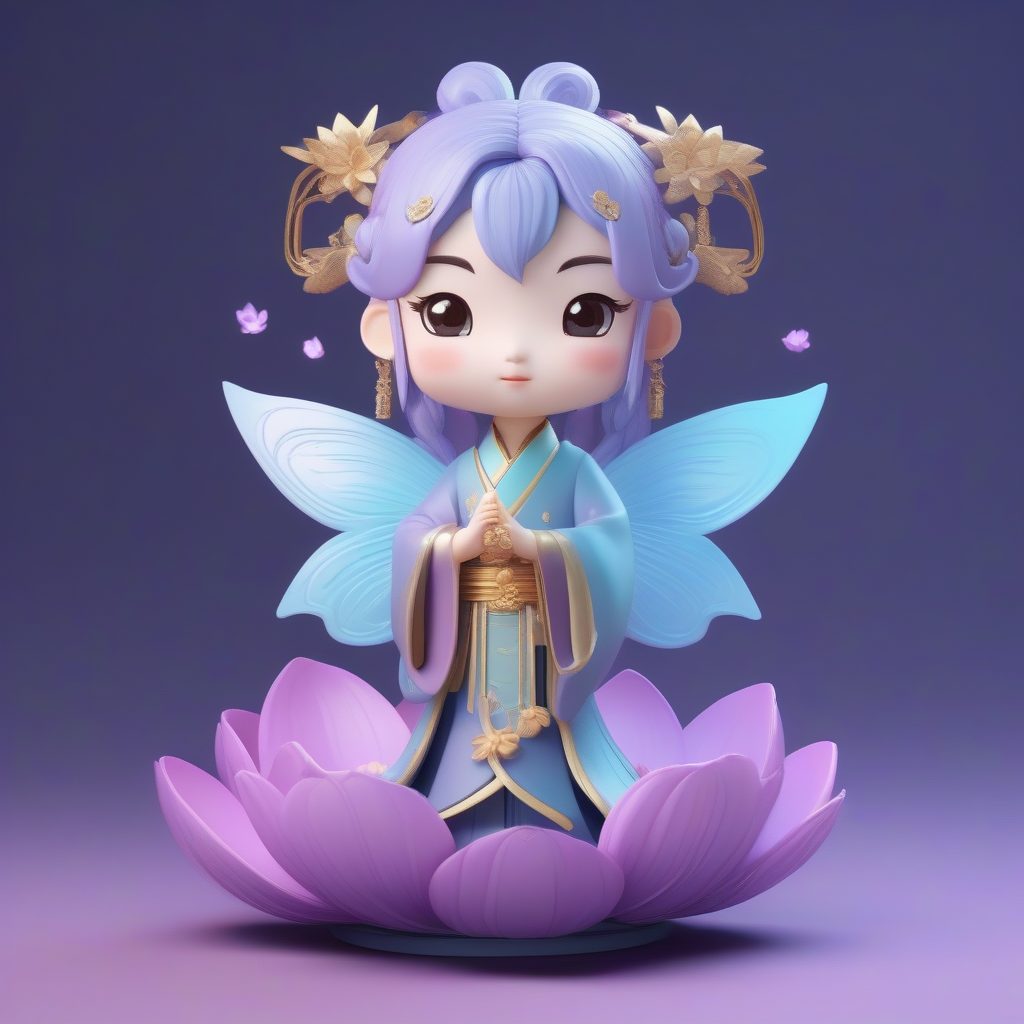 空灵Q版古风仙子：淡紫色飘带与莲花，3D盲盒艺术头像