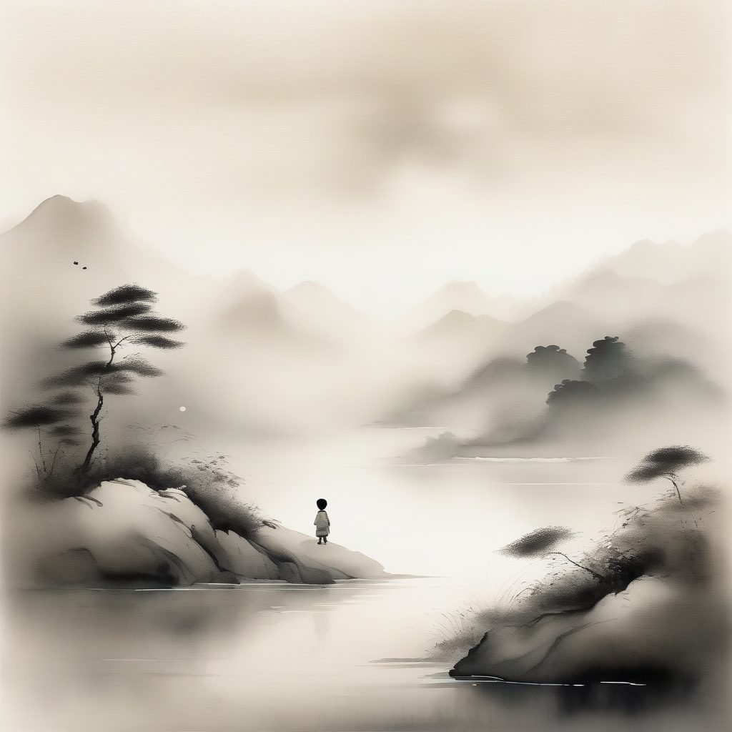 空灵水墨晕染：高调Q版男孩全身像与山水留白
