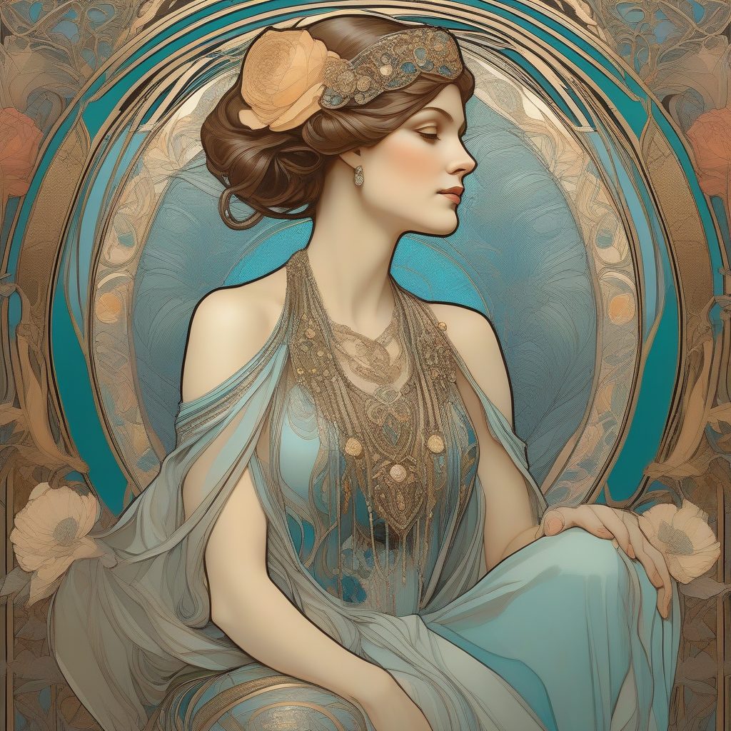 孔雀与玫瑰：穆夏风格的华丽女性肖像与精美珠宝装饰画