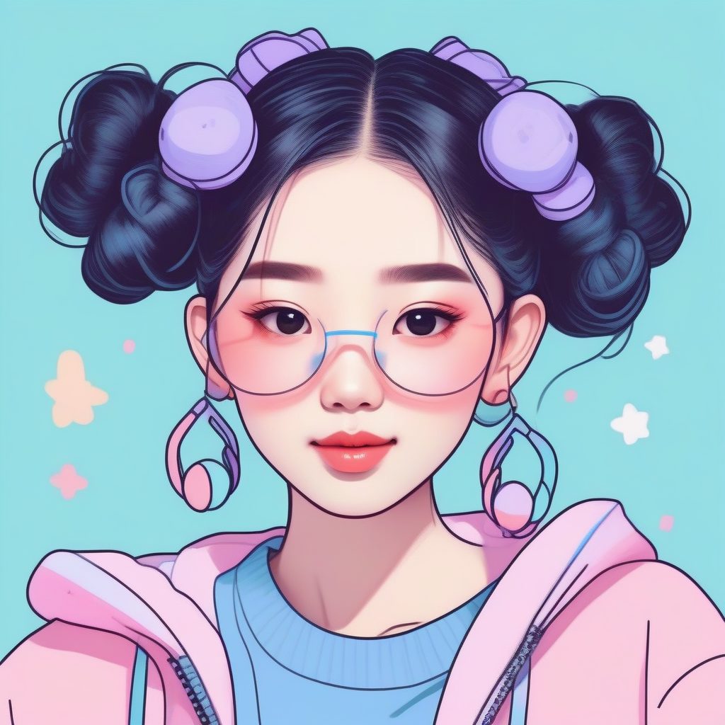 K-Pop甜美:扎着发髻的可爱涂鸦亚洲女孩近景肖像