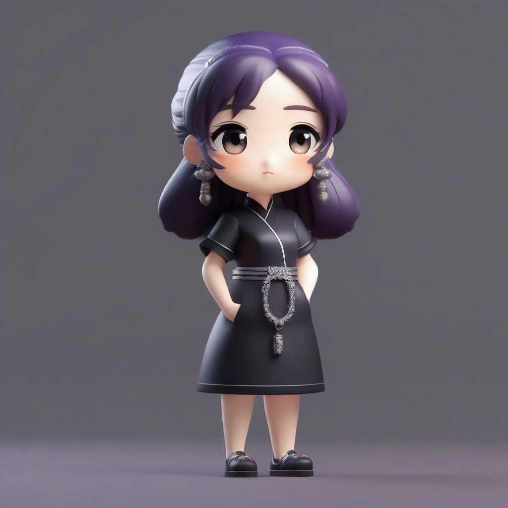 酷飒风Q版黑旗袍少女：Octane渲染高光泽手办，自信叉腰站立