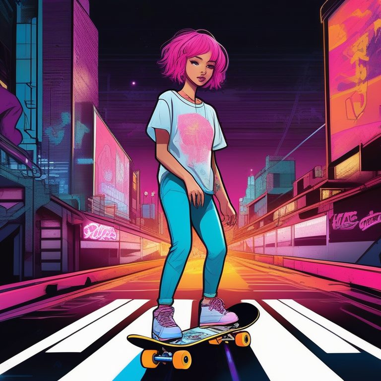 酷炫动漫风格滑板少女夜景