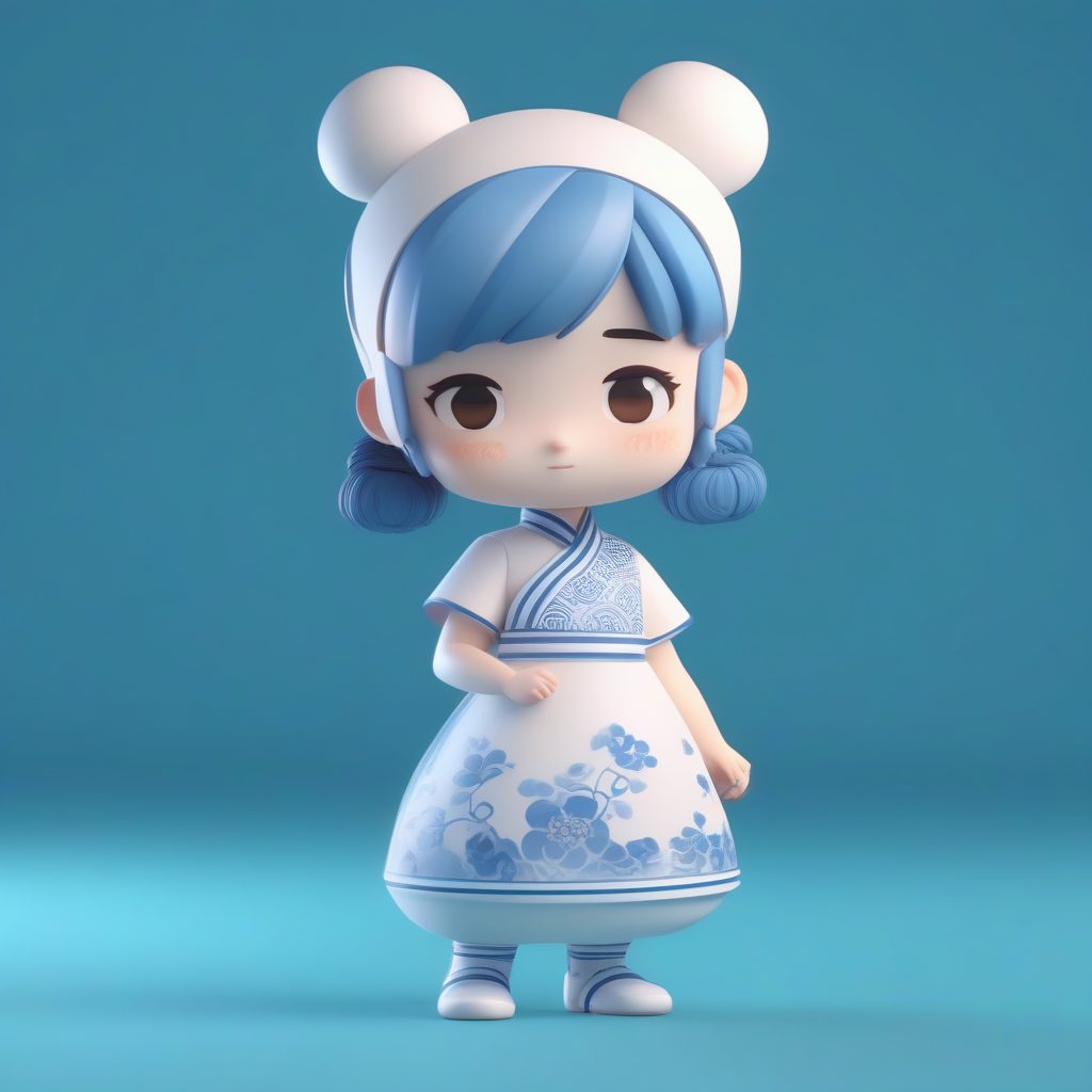 蓝白瓷纹旗袍：玩趣Q版少女盲盒，Octane渲染3D全身站立姿势