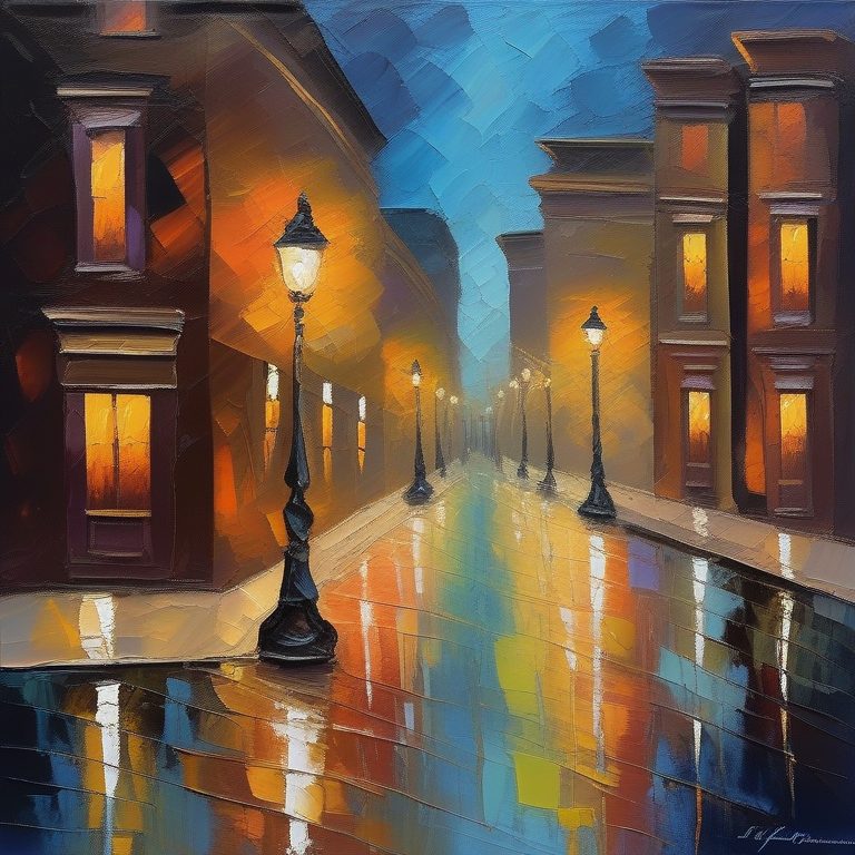 浪漫油画厚涂夜景城市街头