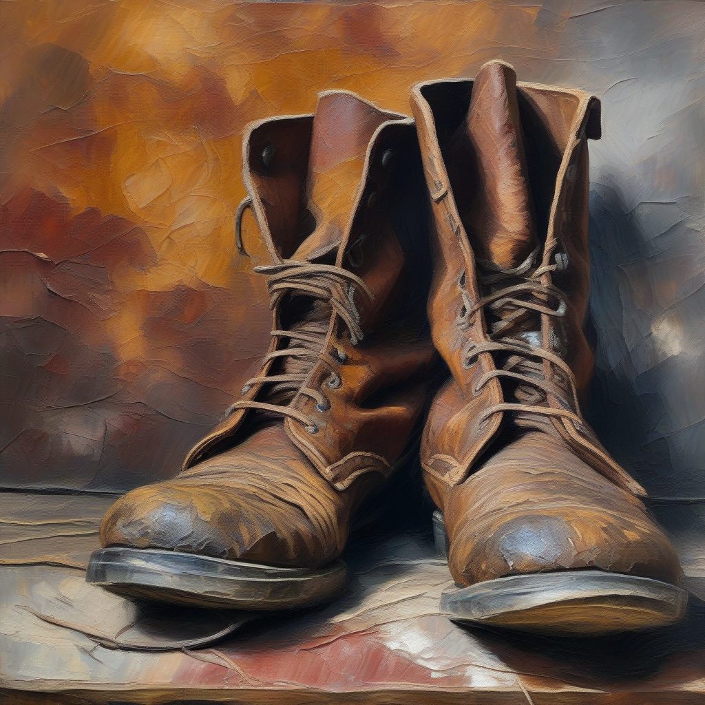 老旧皮鞋静物:注重纹理的梵高式日常生活物品油画提示词 9 老旧皮鞋静物:注重纹理的梵高式日常生活物品油画提示词