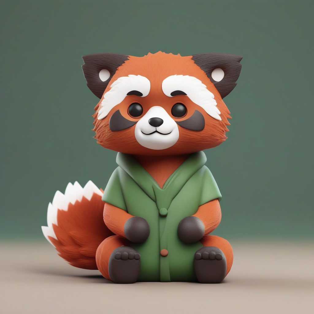 立体小熊猫Q版手办:坐姿吃竹子,森林绿纯色背景AI提示词