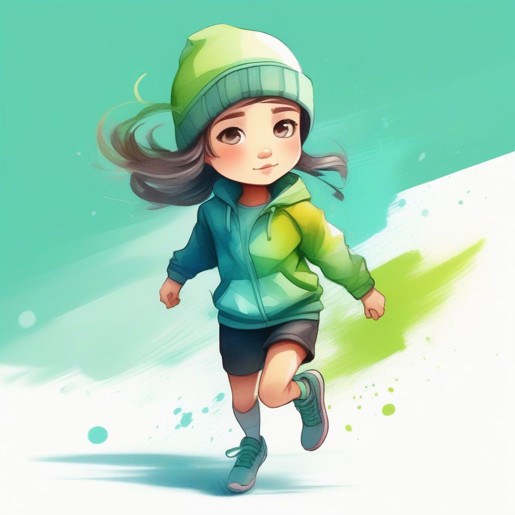 流动渐变：运动时尚Q版女孩抽象水彩提示词