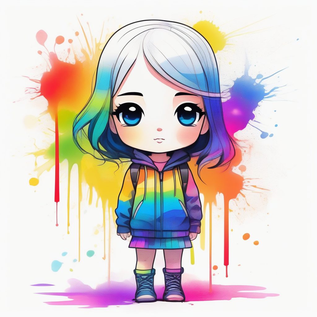 流动色彩中的Q版女孩：水彩滴落艺术插画