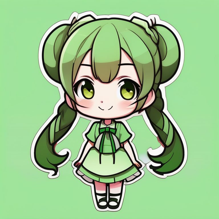 绿色背景上极简Q版双马尾少女全身图