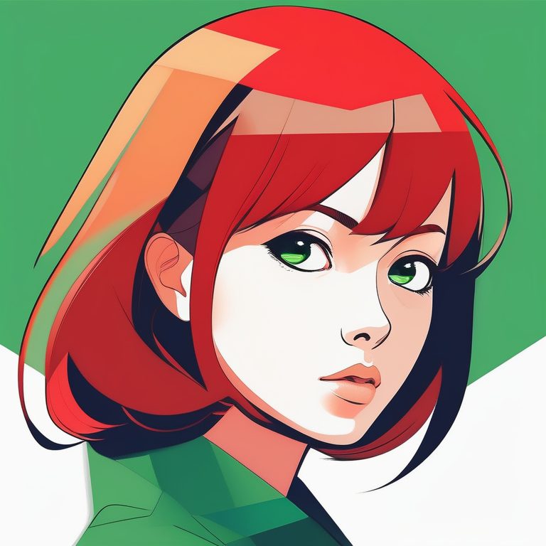 绿色纯背景下极简红发二次元女孩