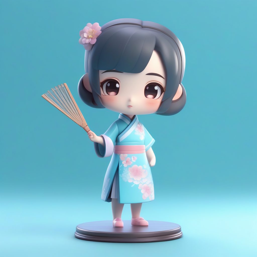 马卡龙色调旗袍：Q版少女扇子舞姿3D渲染图