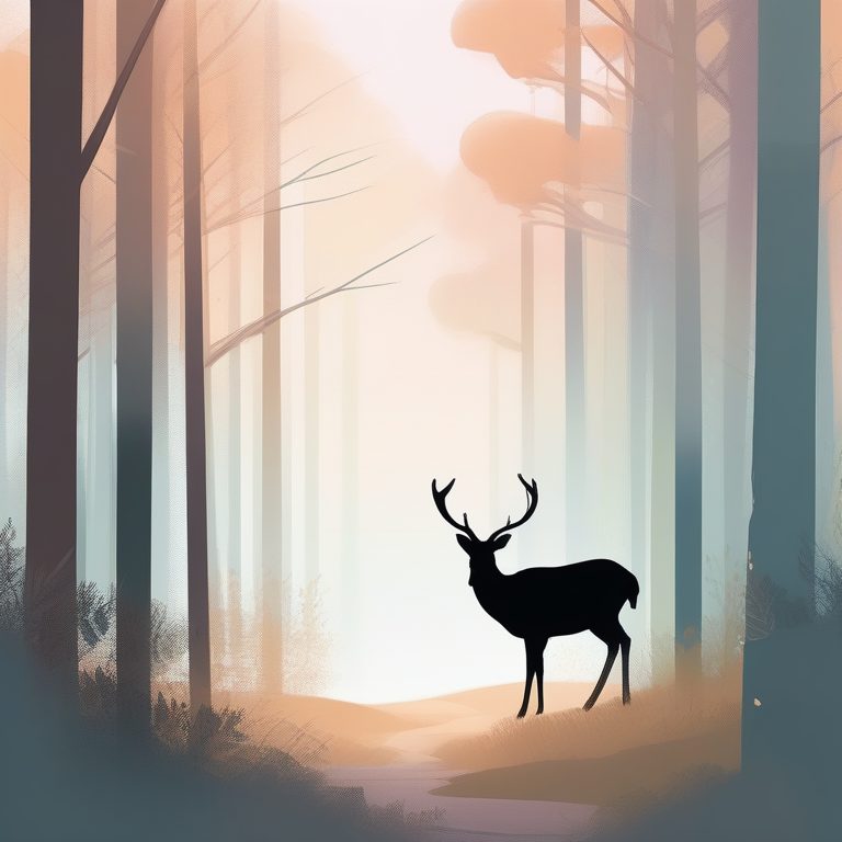 马卡龙色简约画风的静谧森林小鹿