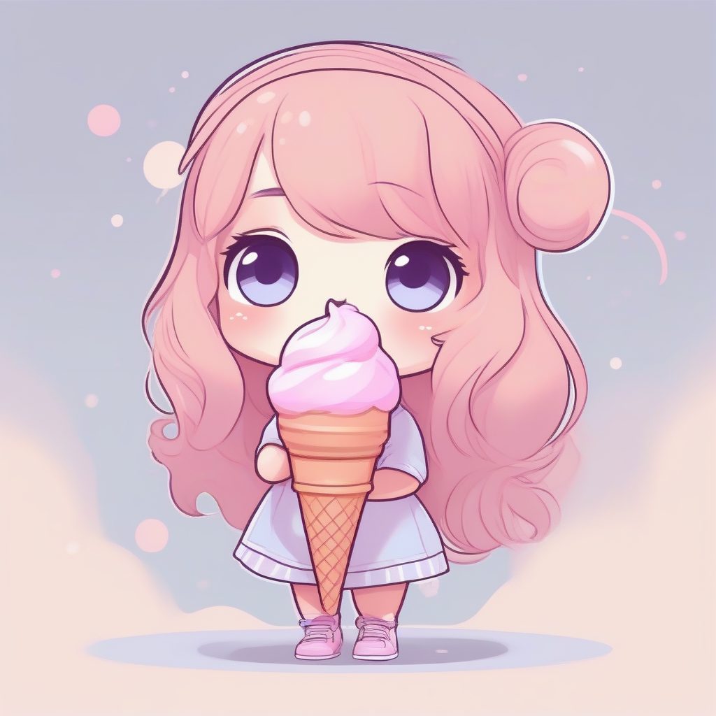 马卡龙色系：Q版萌妹抱吃巨型冰淇淋，夸张表情特写