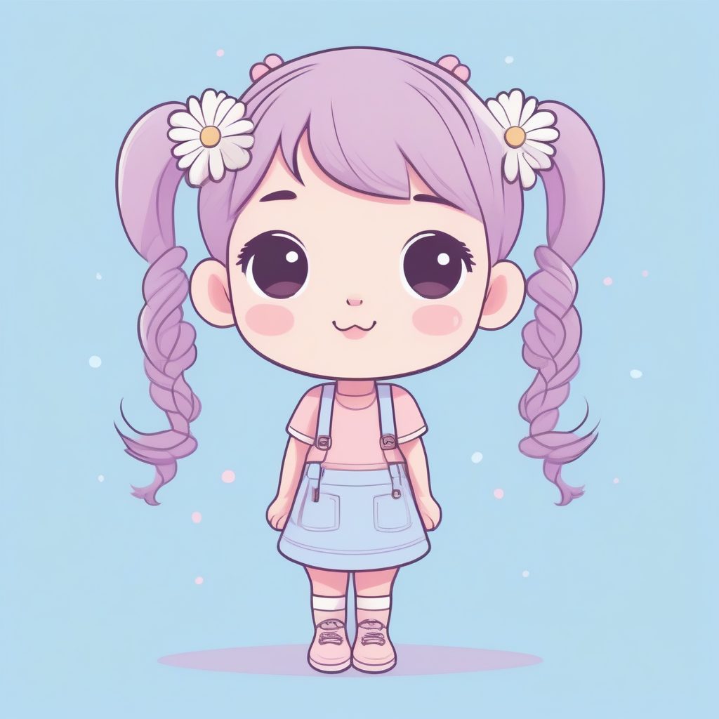 马卡龙色系Q版双马尾女孩：极简涂鸦风全身站立插画