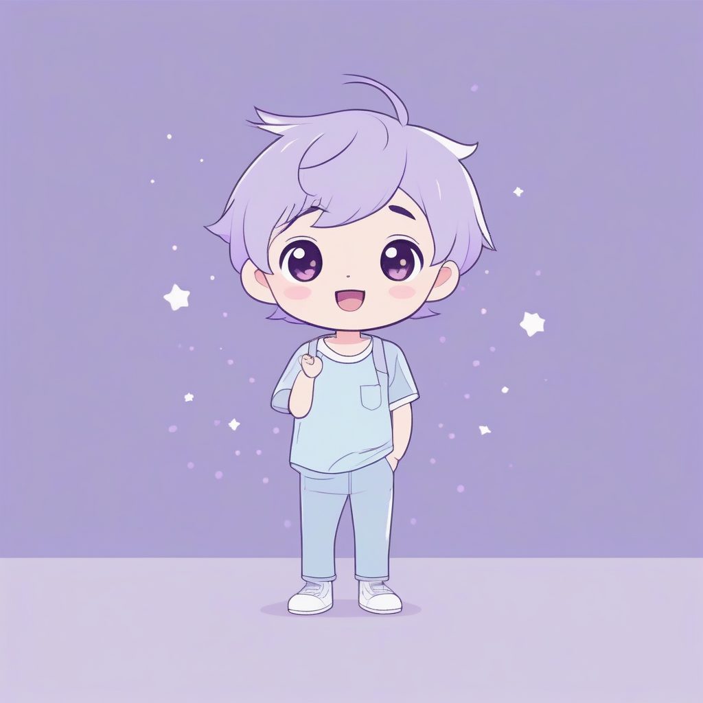 马卡龙色系治愈风：可爱Q版男孩热情挥手全身插画提示词