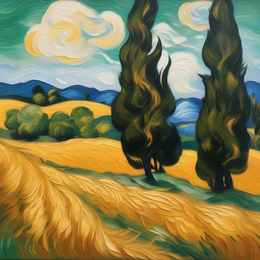 麦田里的丝柏树：动态笔触下的夏日田园风景油画提示词