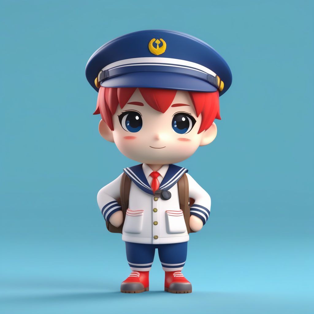 盲盒潮玩3D模型：Q版水手服红发男孩全身站立AI提示词