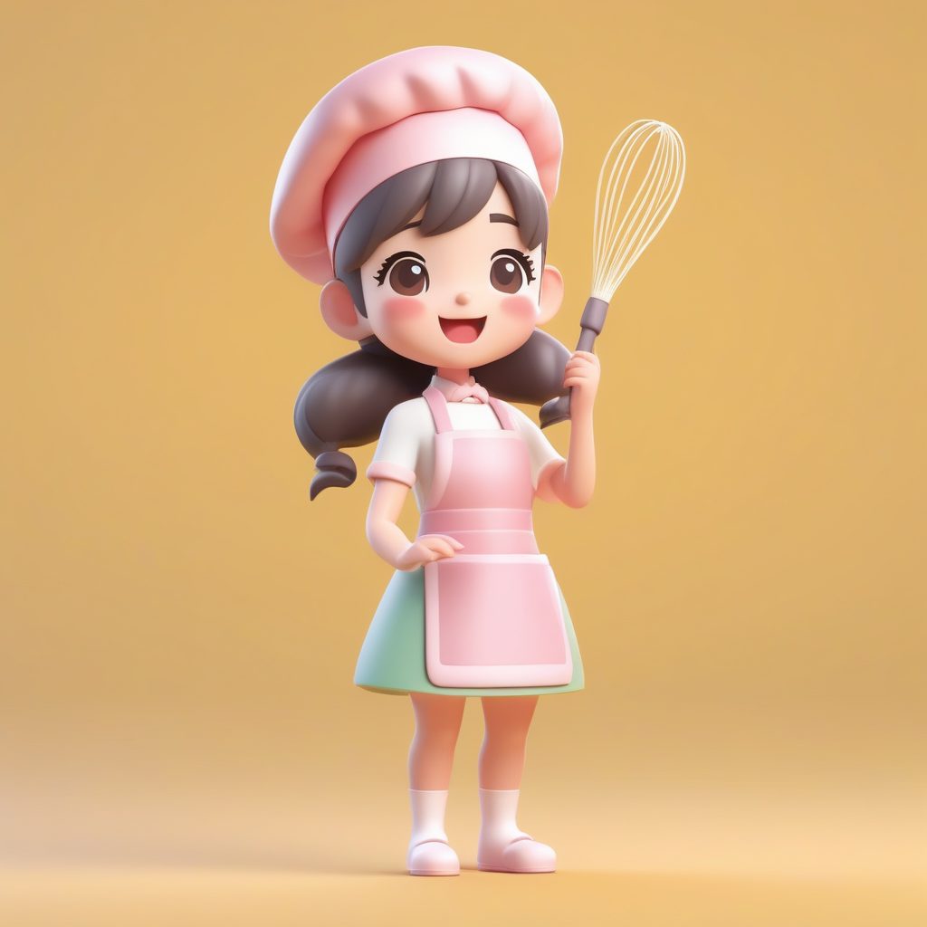 盲盒风3D粘土Q版女孩：可爱甜点师全身站立AI绘画提示词