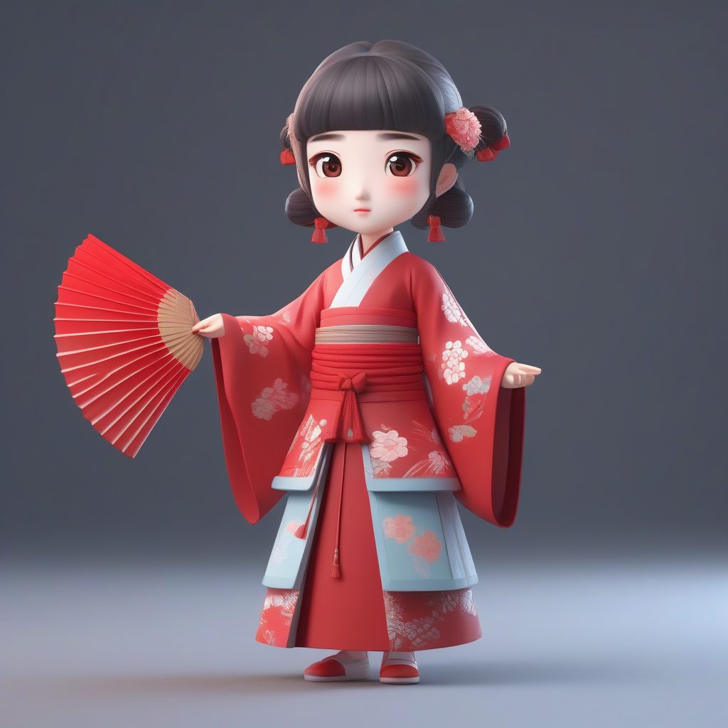 盲盒美学:Q版汉服少女全身站姿3D粘土渲染(绯红明制)