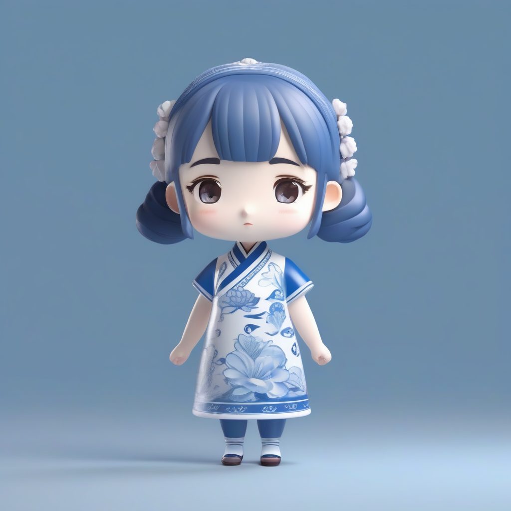 盲盒Q版旗袍少女：青花瓷主题3D粘土手办全身渲染