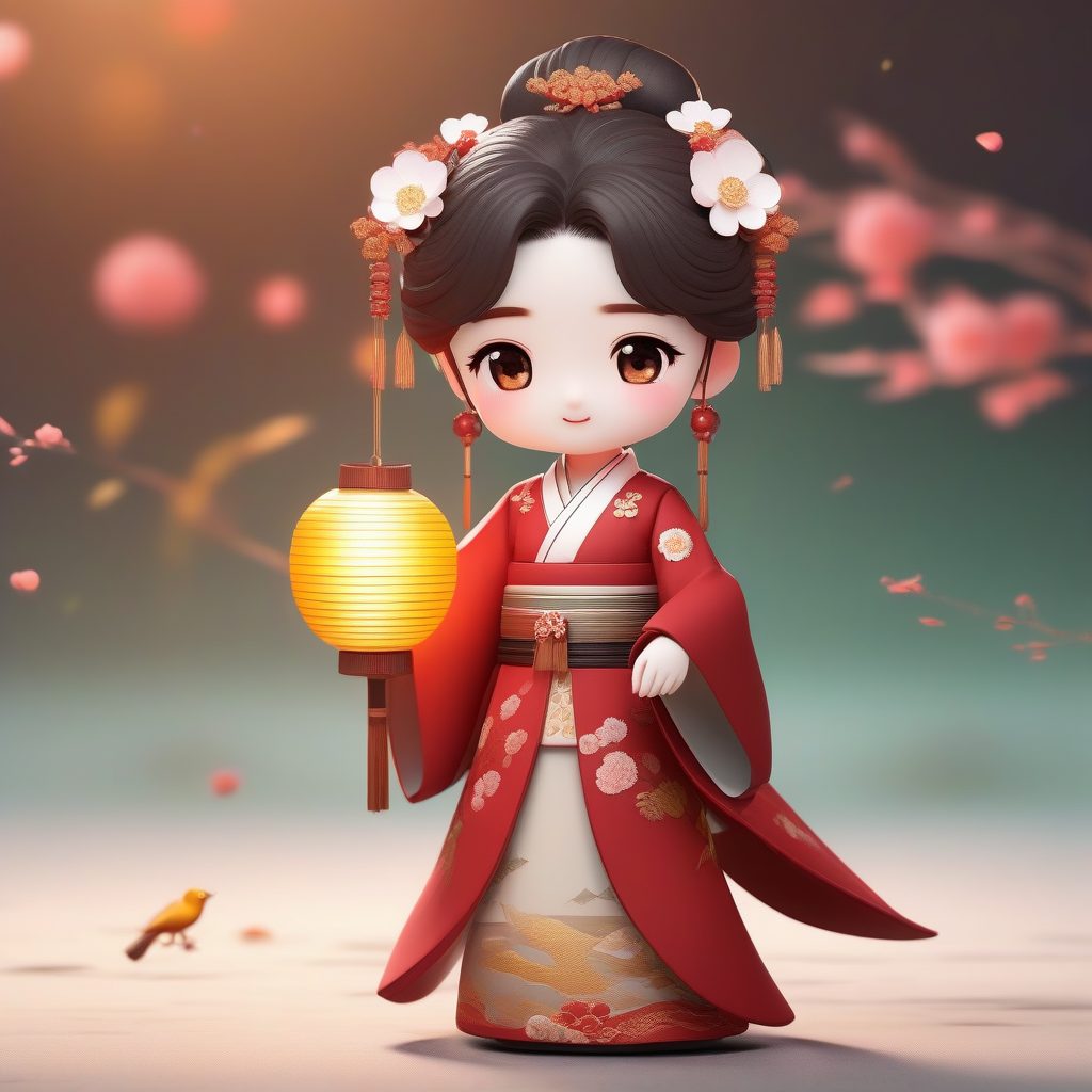 盲盒手办风：高抛光朱红色汉服Q版少女全身站姿