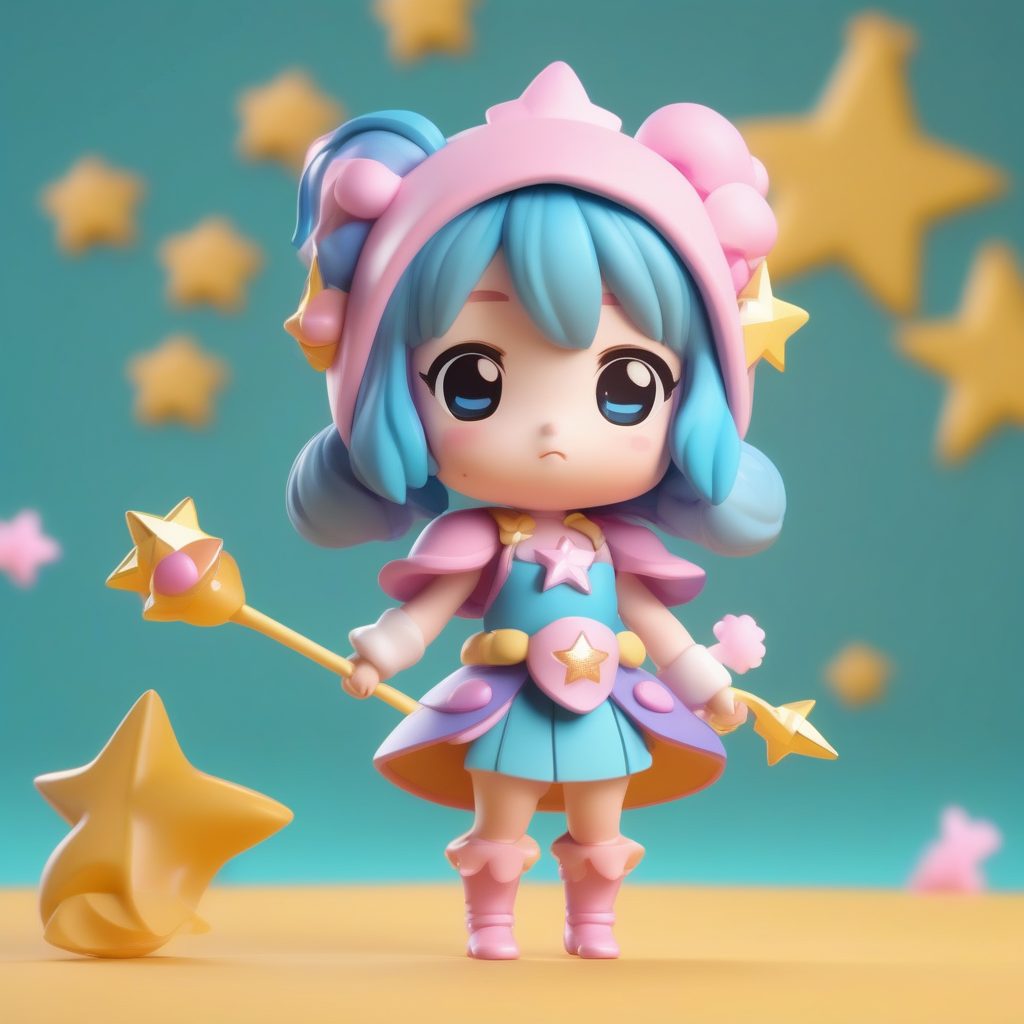 盲盒手办风Q版魔法少女3D渲染提示词：可爱星光棒角色设计