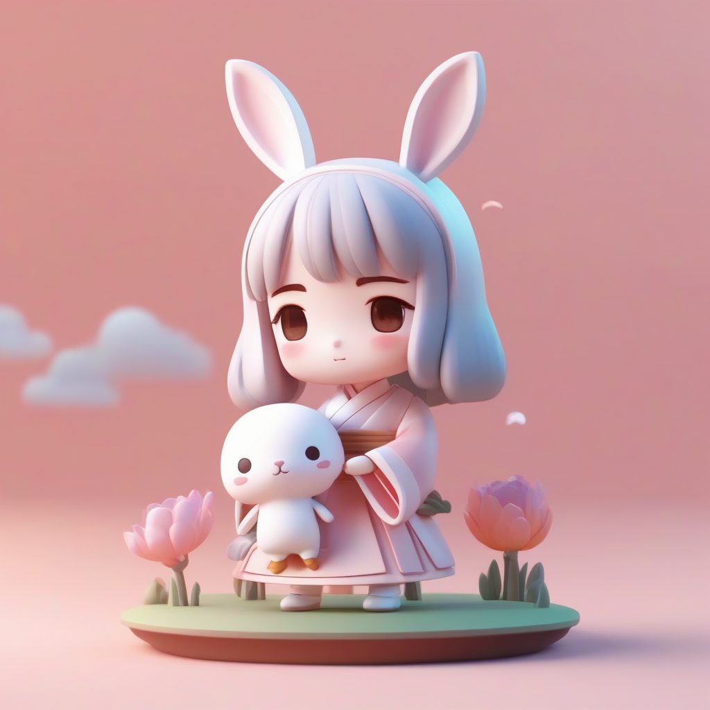 盲盒系列：Q版汉服女孩与白兔，粘土3D全身手办