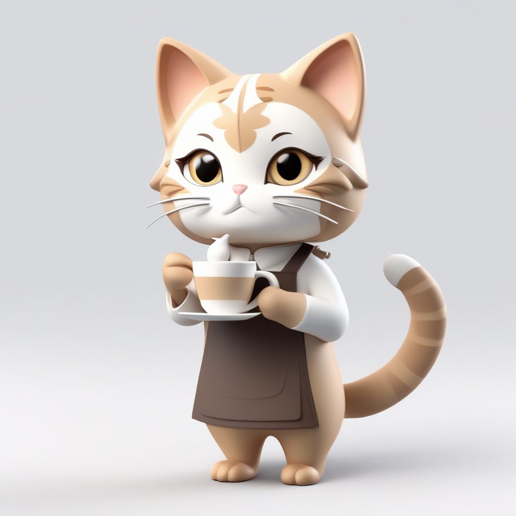 猫咪咖啡师：高光泽Q版盲盒手办全身渲染，奶油米色极简背景